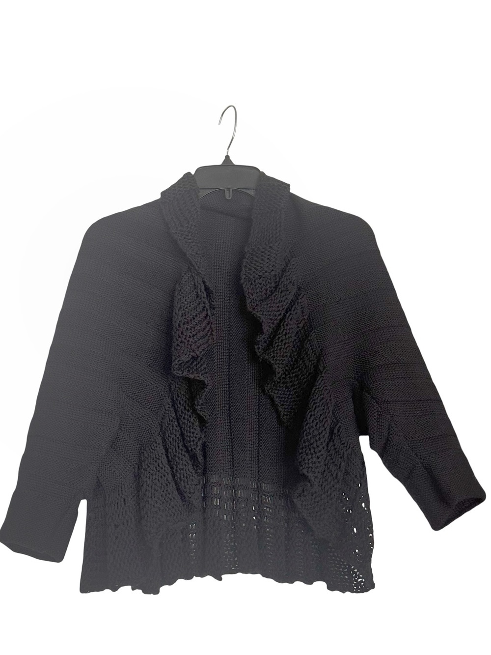 Elizabeth Gillett NYC Ruffled Collar Short Sleeve Black Crochet Knit Cardigan